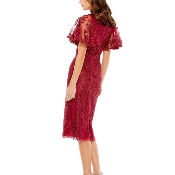 NWT‎ MAC DUGGAL 67546 SZ 16 FLARE SLEEVE MIDI LACE DRESS WINE $498 - Picture 2 of 10